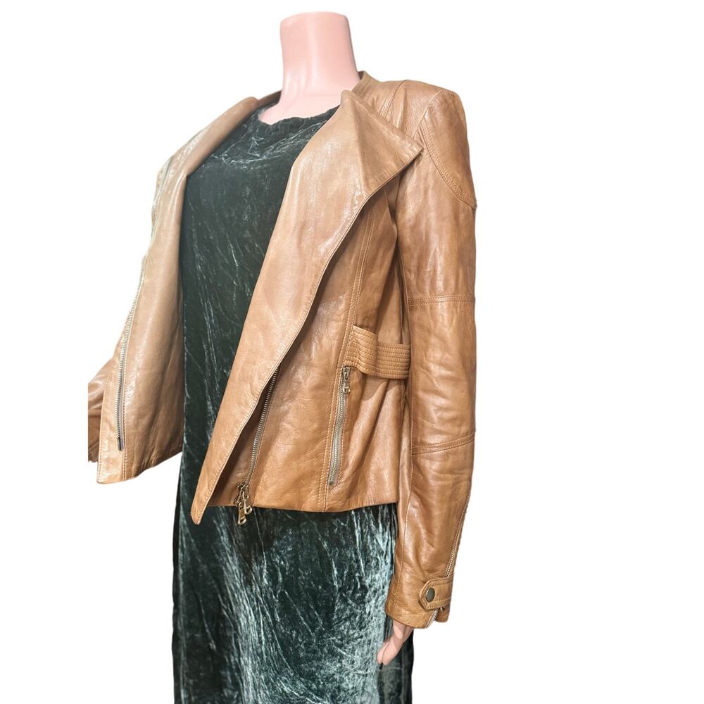 Veronica Beard Brown Leather Moto Jacket Biker Style Women’s Size XS - Picture 16 of 16